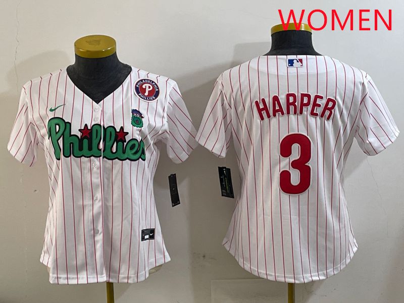 Women Philadelphia Phillies #3 Harper White Stripe Second generation joint name 2025 Nike MLB Jersey style 6->youth mlb jersey->Youth Jersey